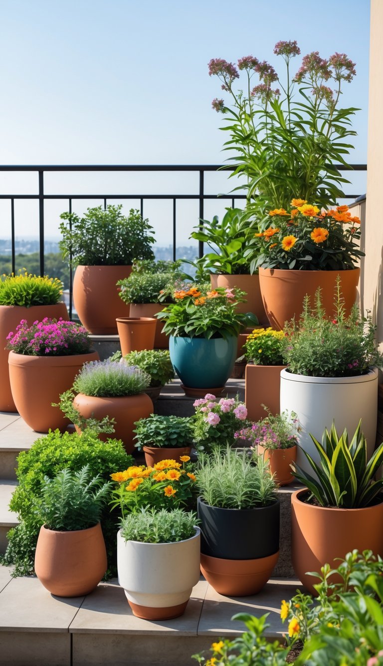 A terrace garden with various pots containing colorful flowers and green plants arranged on a sunny outdoor space.